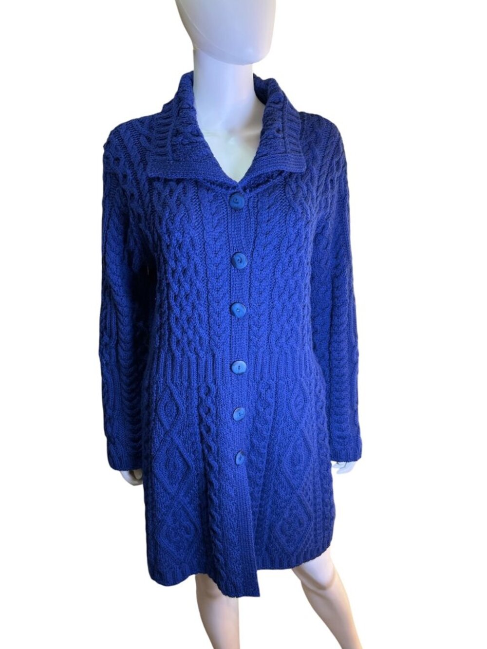 Aran Crafts Womens Blue Cable Knit Merino Wool Cardigan Sweater Coat M Ireland